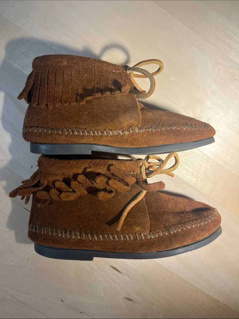 Kids Brown Suede Minnetonka Moccasin Boots - Soft Fringe Style